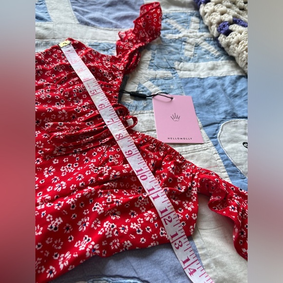 NWT Hello Molly Womens Red Floral Preppy Tie Front Ruffle Trim Mini Dress XS - Picture 5 of 7